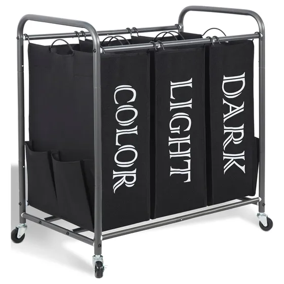 STORAGE MANIAC Rolling Laundry Sorter — Black with labels