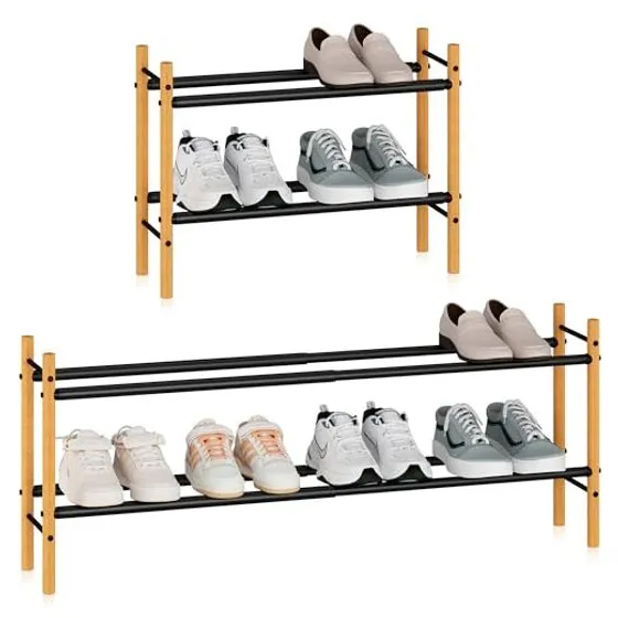 STORAGE MANIAC Expandable Shoe Rack with Bamboo Rods — Black