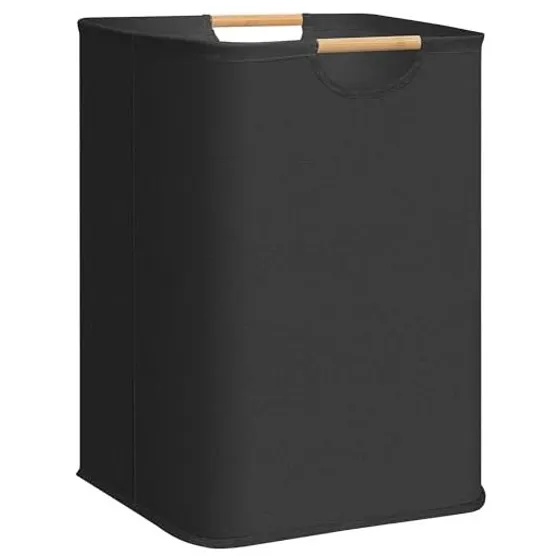 STORAGE MANIAC Collapsible Laundry Hamper with Bamboo Handles — Black