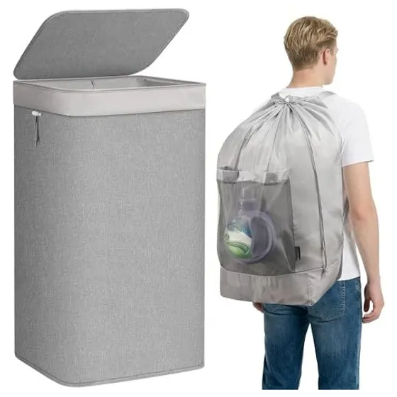STORAGE MANIAC 2-in-1 Laundry Hamper with Backpack Bag — Gray